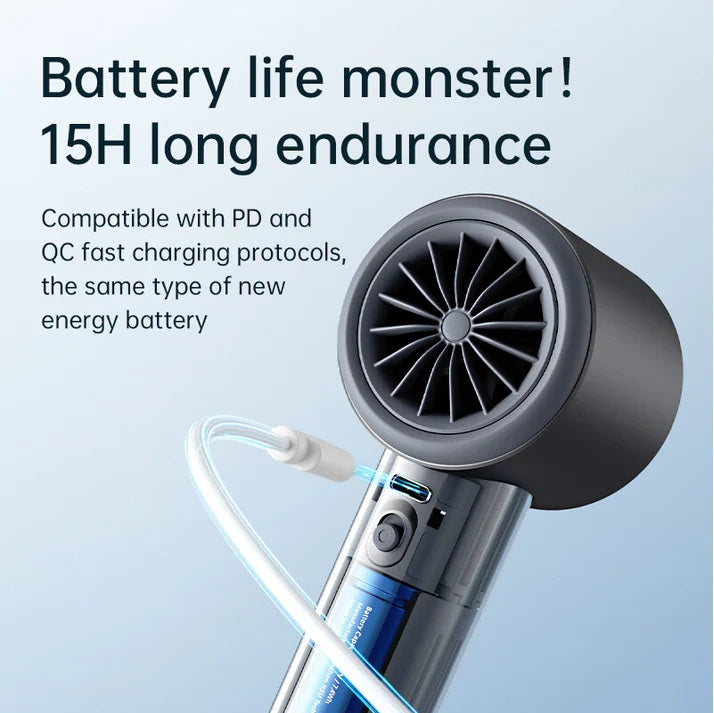 Portable mini handheld fan showing 15 hour battery life and fast charging feature