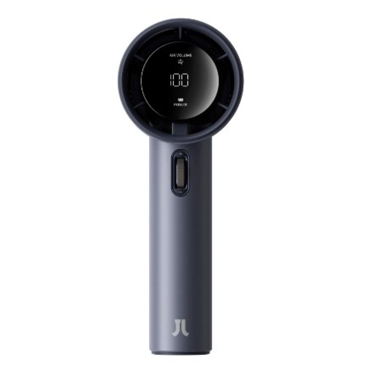 Portable mini handheld fan in sleek gray with digital display and power button