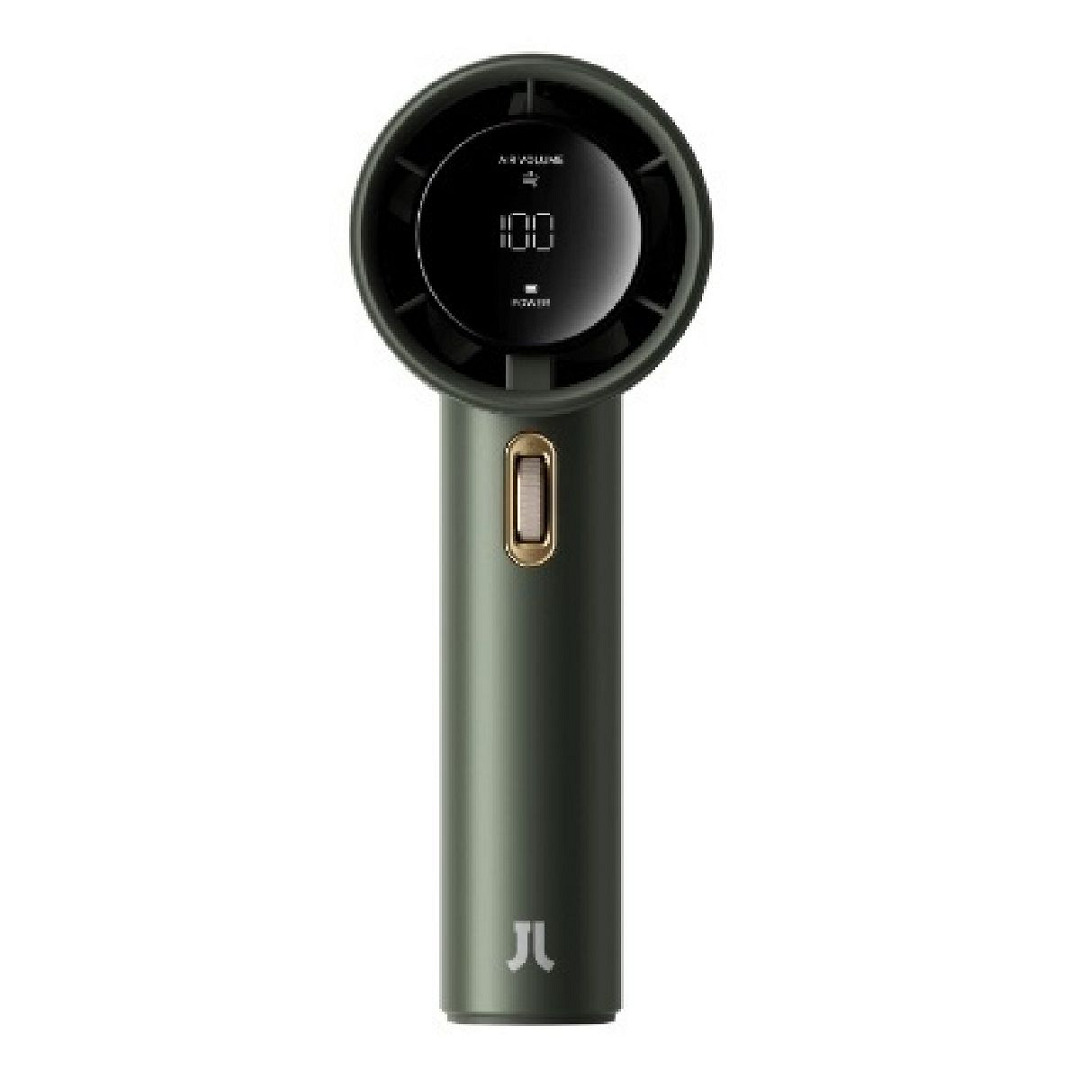 Portable mini handheld fan in dark green with digital display and control button