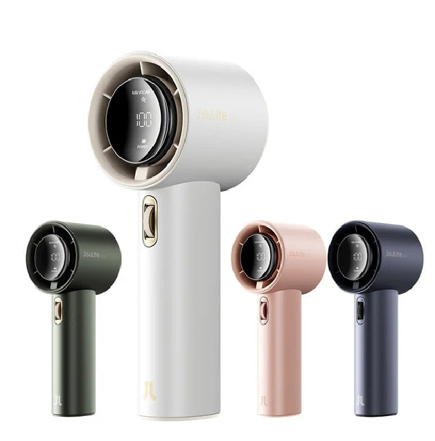 Portable mini handheld fan in white green pink and black colors with digital display
