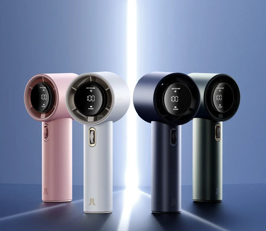 Portable mini handheld fan in pink white blue and black with digital display and compact design