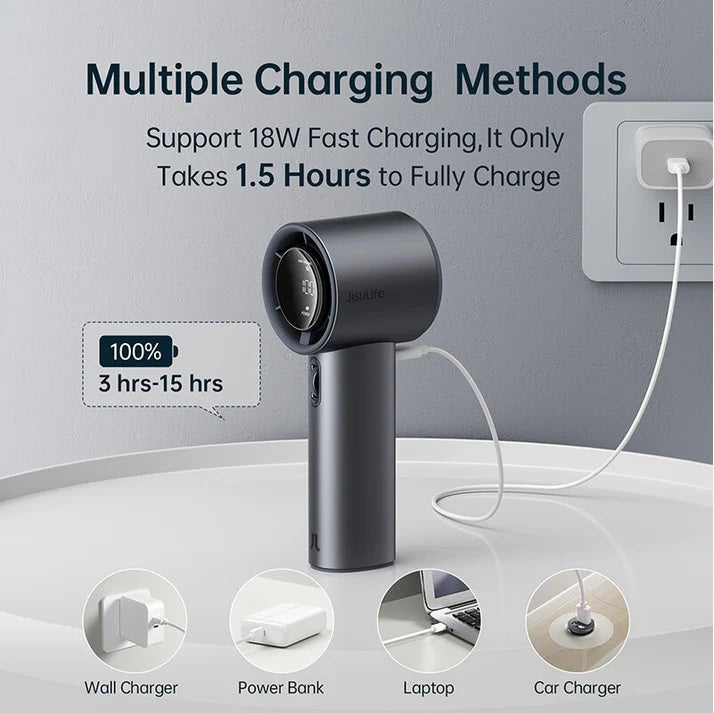 Portable mini handheld fan in black charging with multiple methods including wall charger power bank laptop and car charger