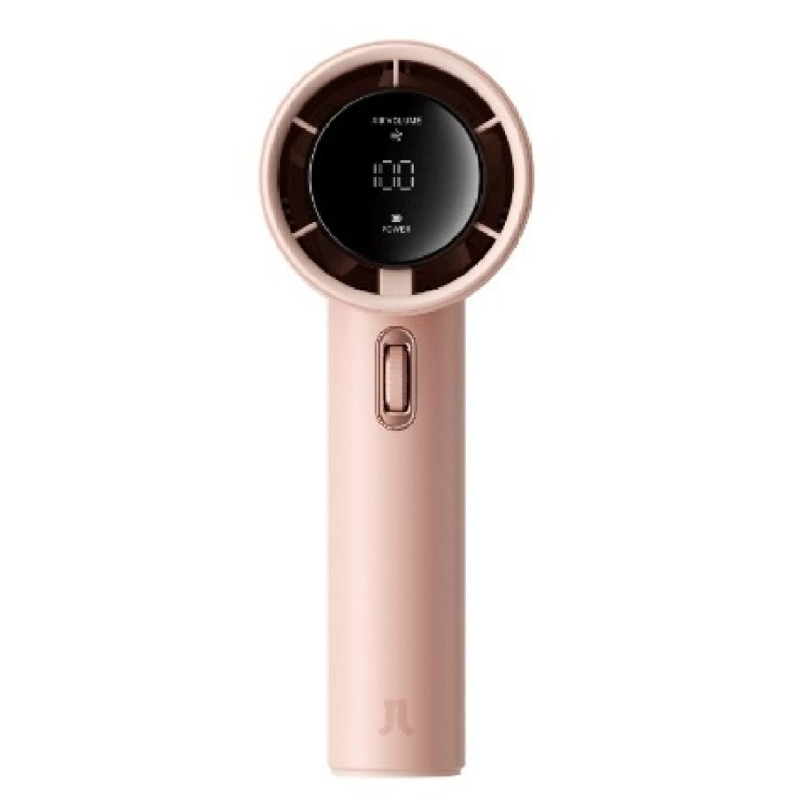 Portable mini handheld fan in pink with digital display and power button
