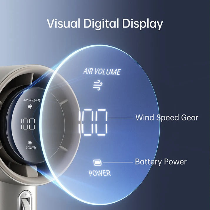 Portable mini handheld fan with visual digital display showing wind speed gear and battery power