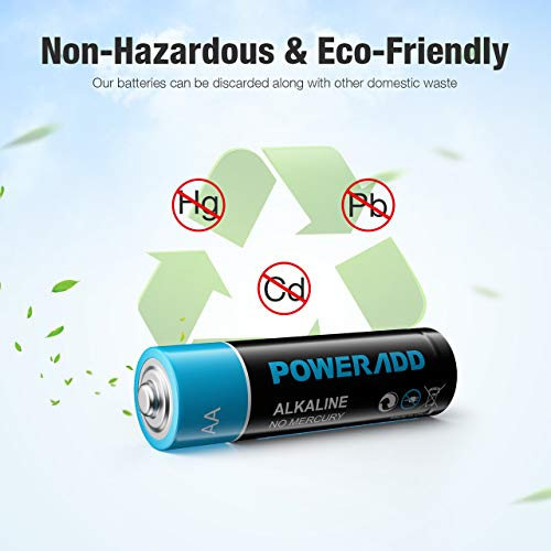 PowerADD AA Battery 1.5v Non-Rechargeable Alkaline Batteries with eco-friendly recycling information