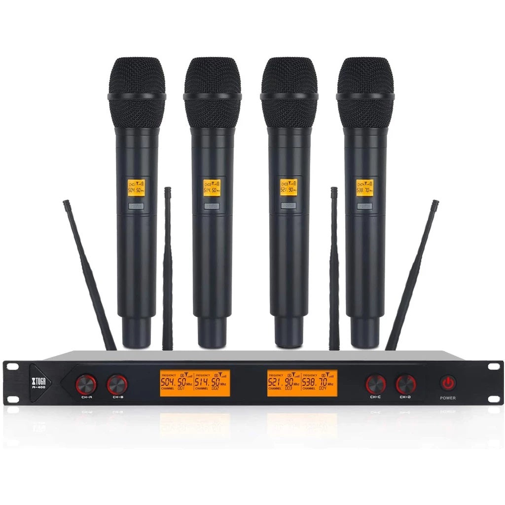 4 channel wireless microphone system with four black handheld mics and dual antenna receiver