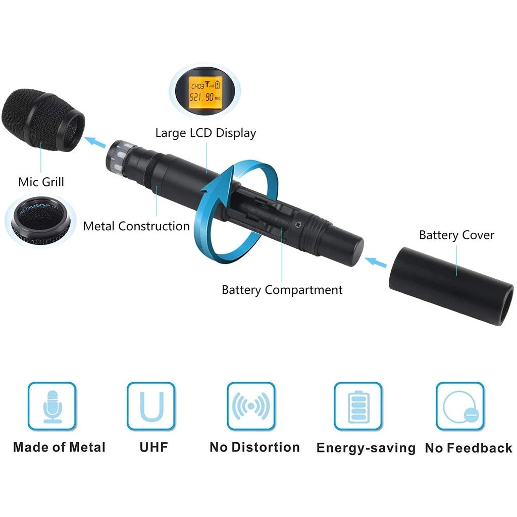 Exploded mic showing metal body LCD battery compartment UHF no feedback icons 4 channel wireless microphone system