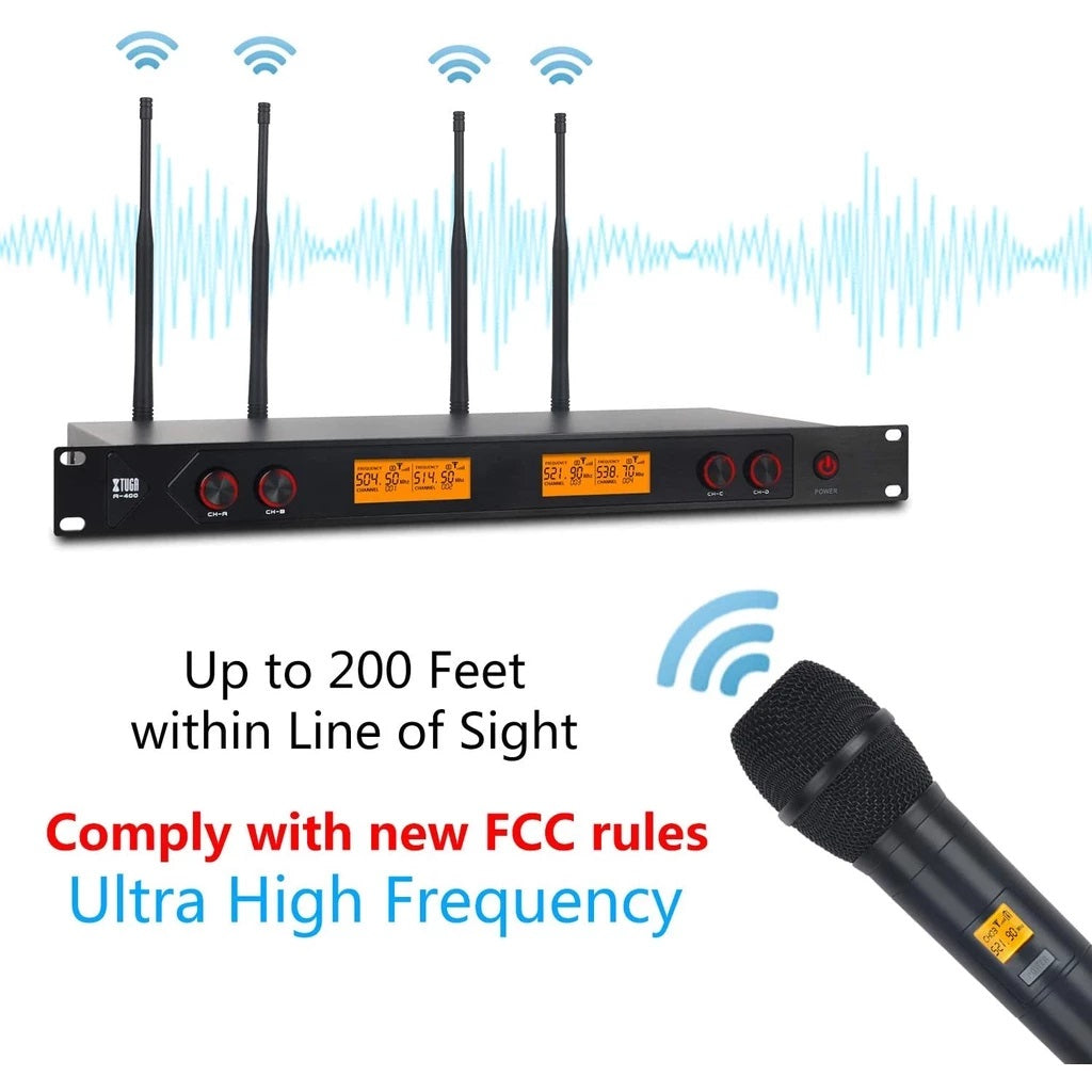 4 channel wireless microphone system rack receiver with four antennas and handheld microphone