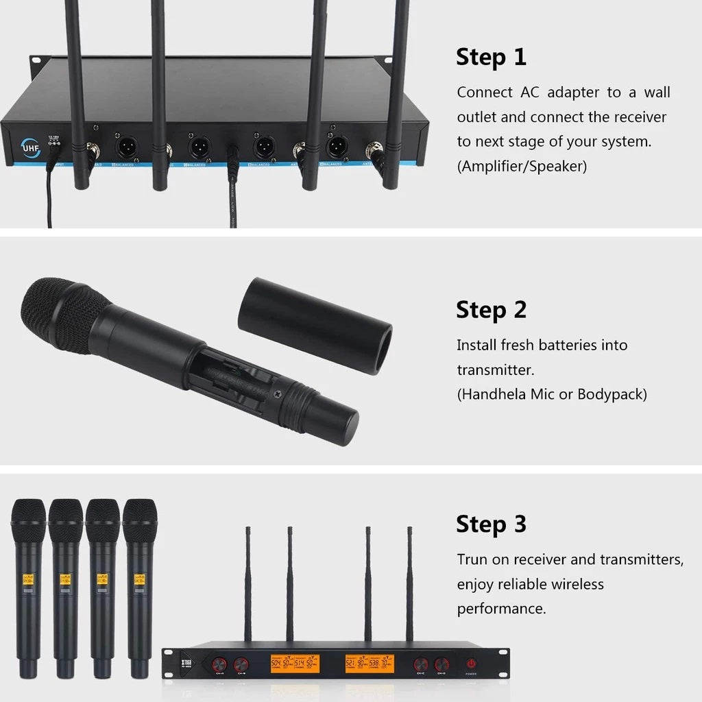 4 channel wireless microphone system with four handheld microphones and rackmount receiver setup steps