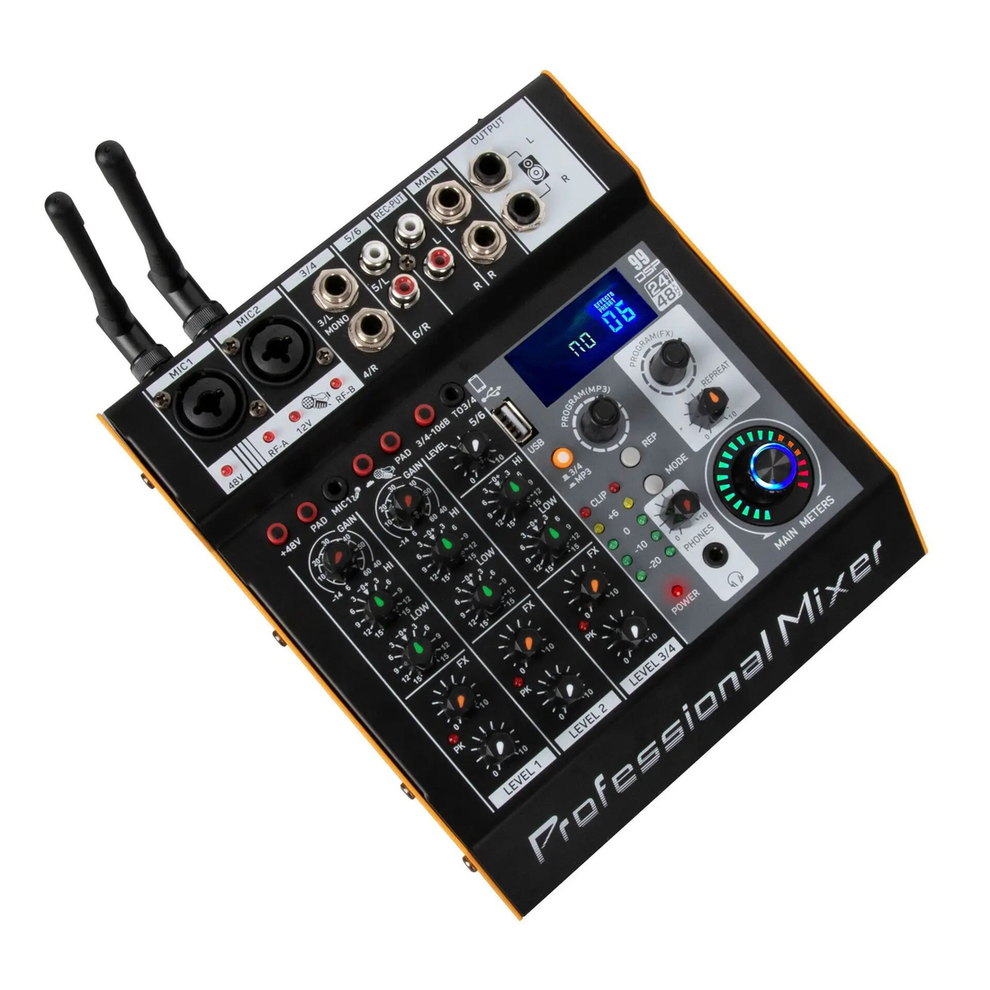 6 channel power amplifier mixer with two handheld wireless microphones for professional audio mixing.