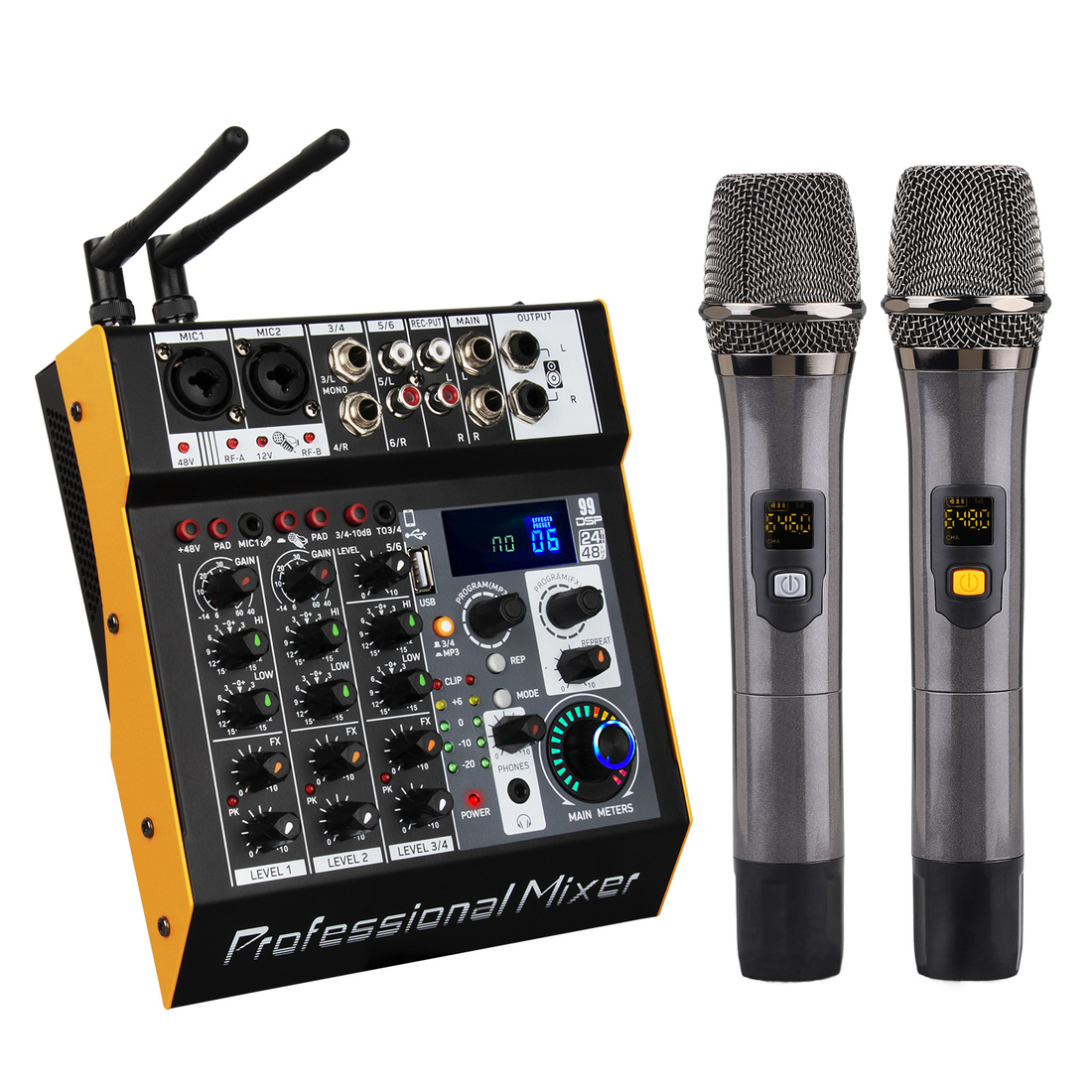 6 channel power amplifier mixer with two handheld wireless microphones for professional audio mixing.