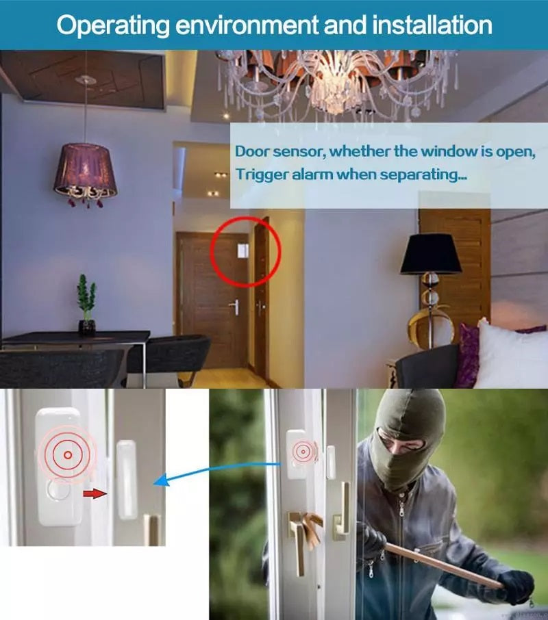 Rechargeable Siren for Office and Shop showing door sensor installation and burglar triggering alarm system