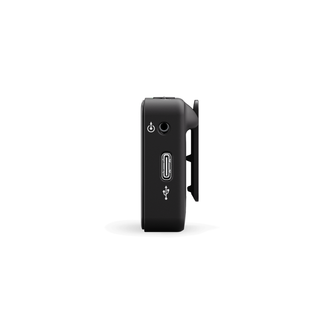 Rode Wireless ME Microphone System side view showing USB port and power button for seamless audio capture