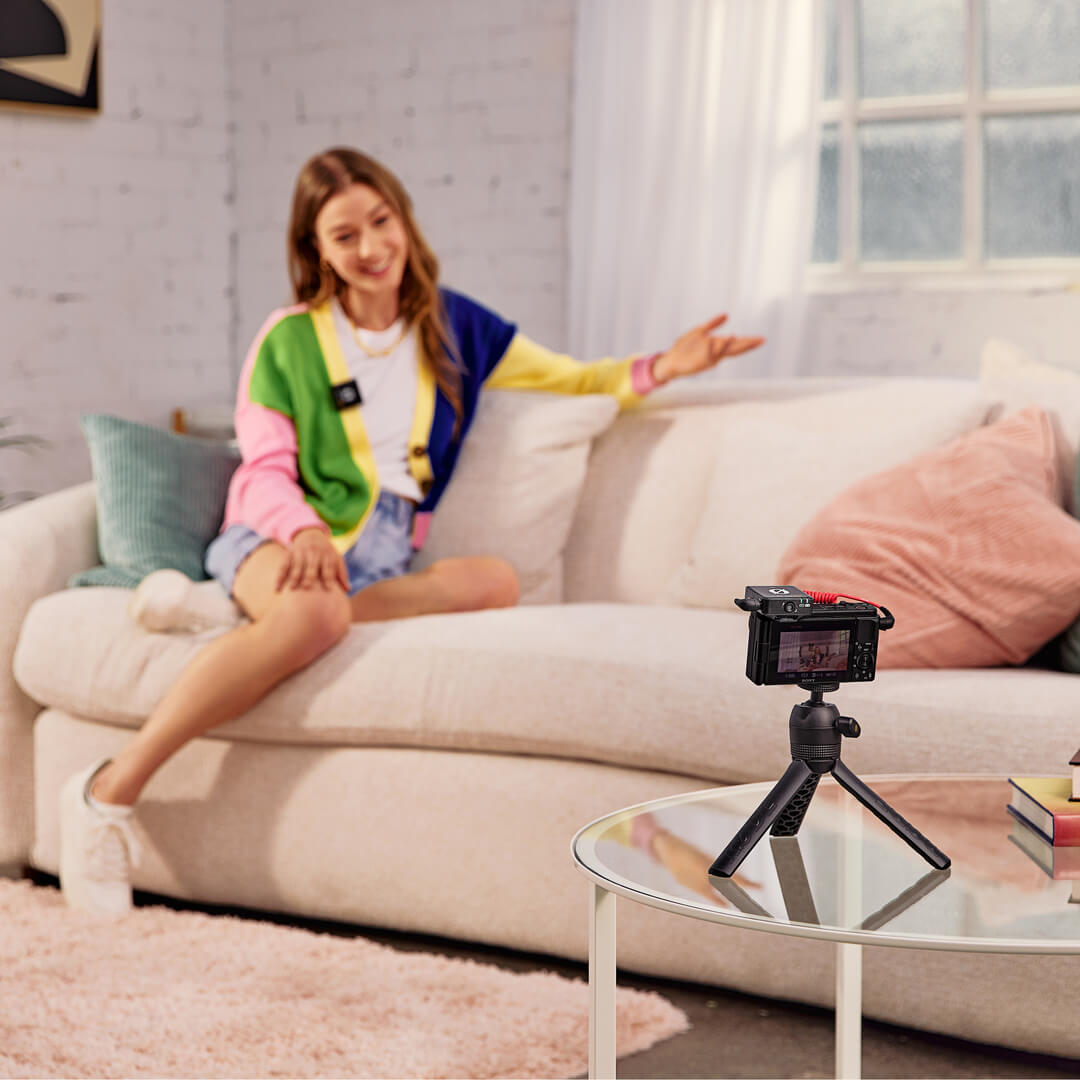 Rode Wireless ME Microphone System used with a camera for capturing clear audio in a cozy living room setting