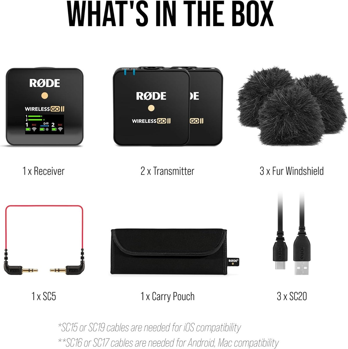Rode Wireless Microphone System for Video with receiver, two transmitters, three windshields and accessories