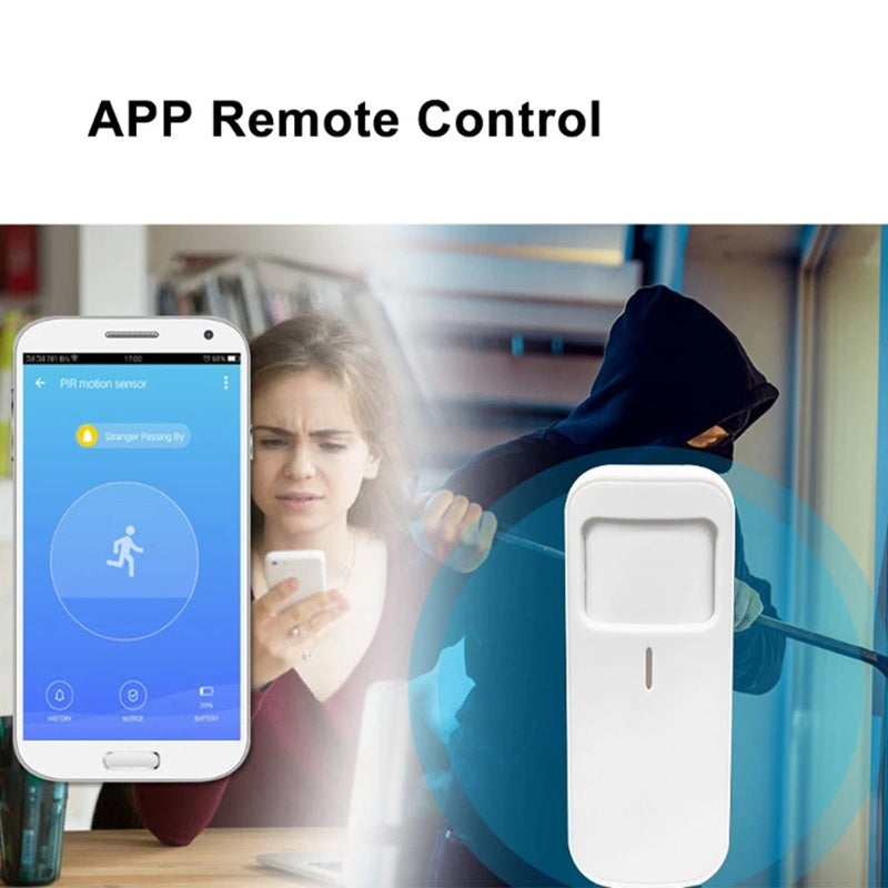 Smart Motion Sensor Alarm with app remote control detecting home intruder in living room