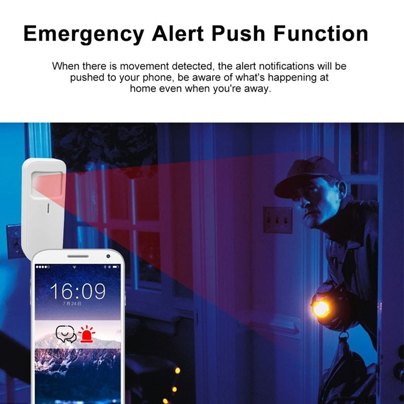Smart Motion Sensor Alarm showing emergency alert notification on phone detecting intruder at home