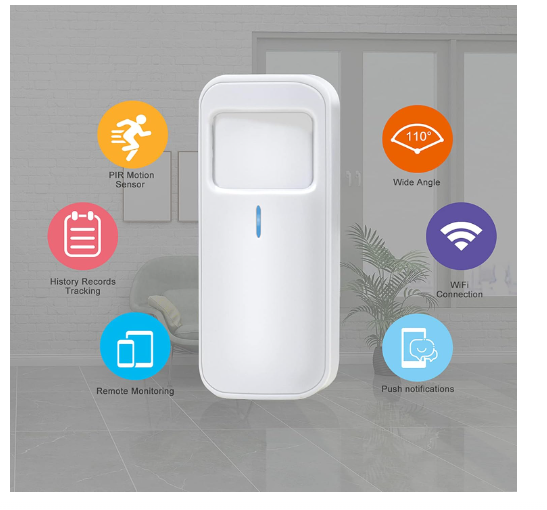 Smart Motion Sensor Alarm with wide angle, PIR motion detection, WiFi connection, and remote monitoring