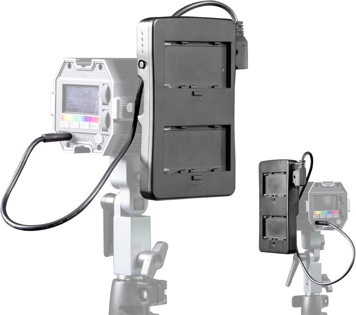 Synco COLBOR adapter plate for CL100X series mounted on a camera tripod with connected cables