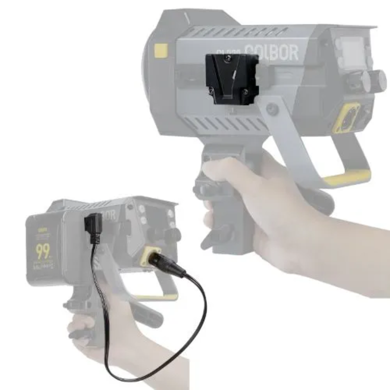V-Mount Adapter for Synco COLBOR allowing easy attachment to studio lighting setups