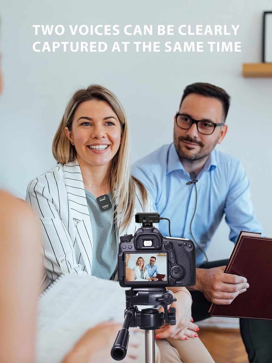SYNCO G2 Pro wireless mic system capturing two voices simultaneously during an interview