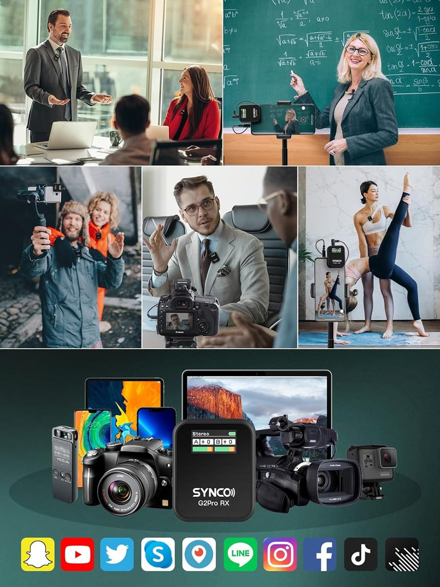 SYNCO G2 Pro wireless mic system showcased in various settings for professional audio recording
