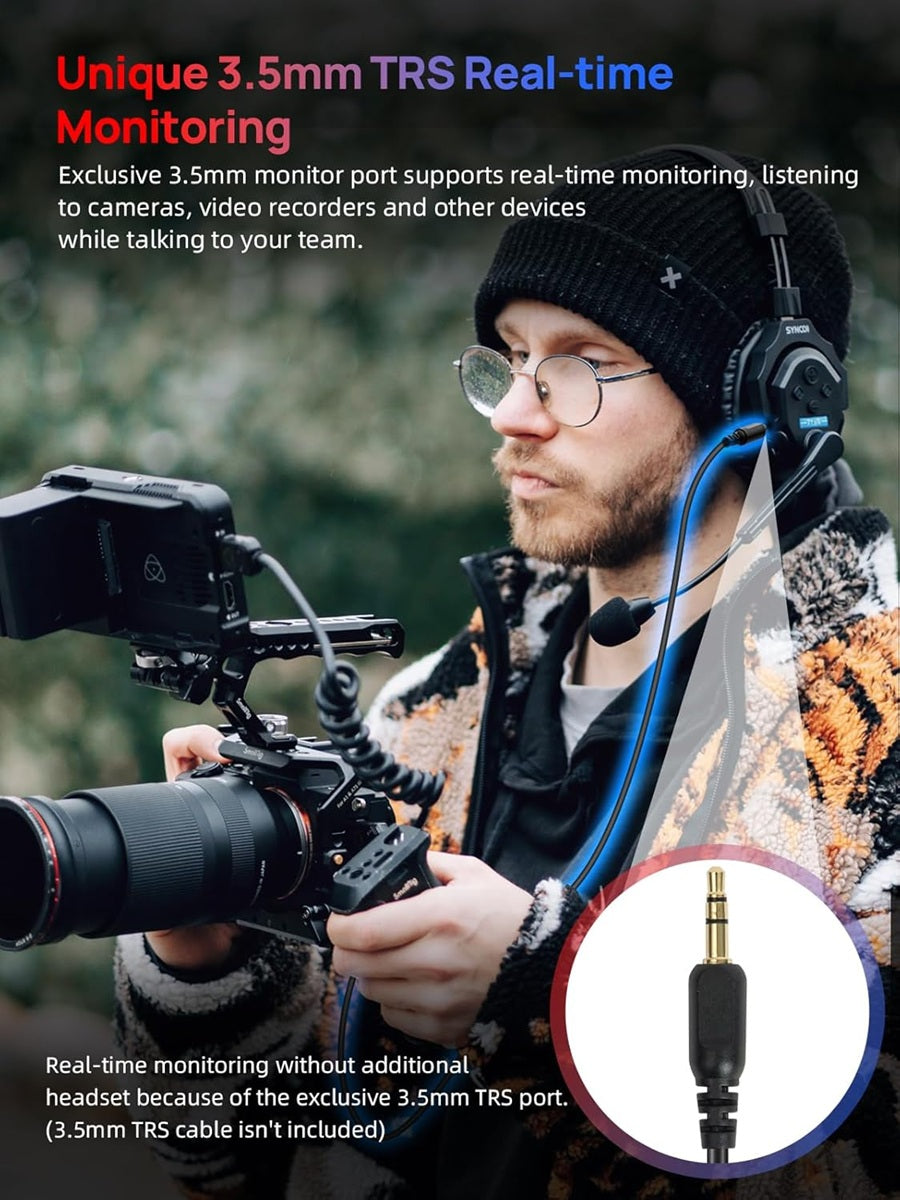 Wireless communication headset for filmmaking with 3.5mm TRS real-time monitoring feature
