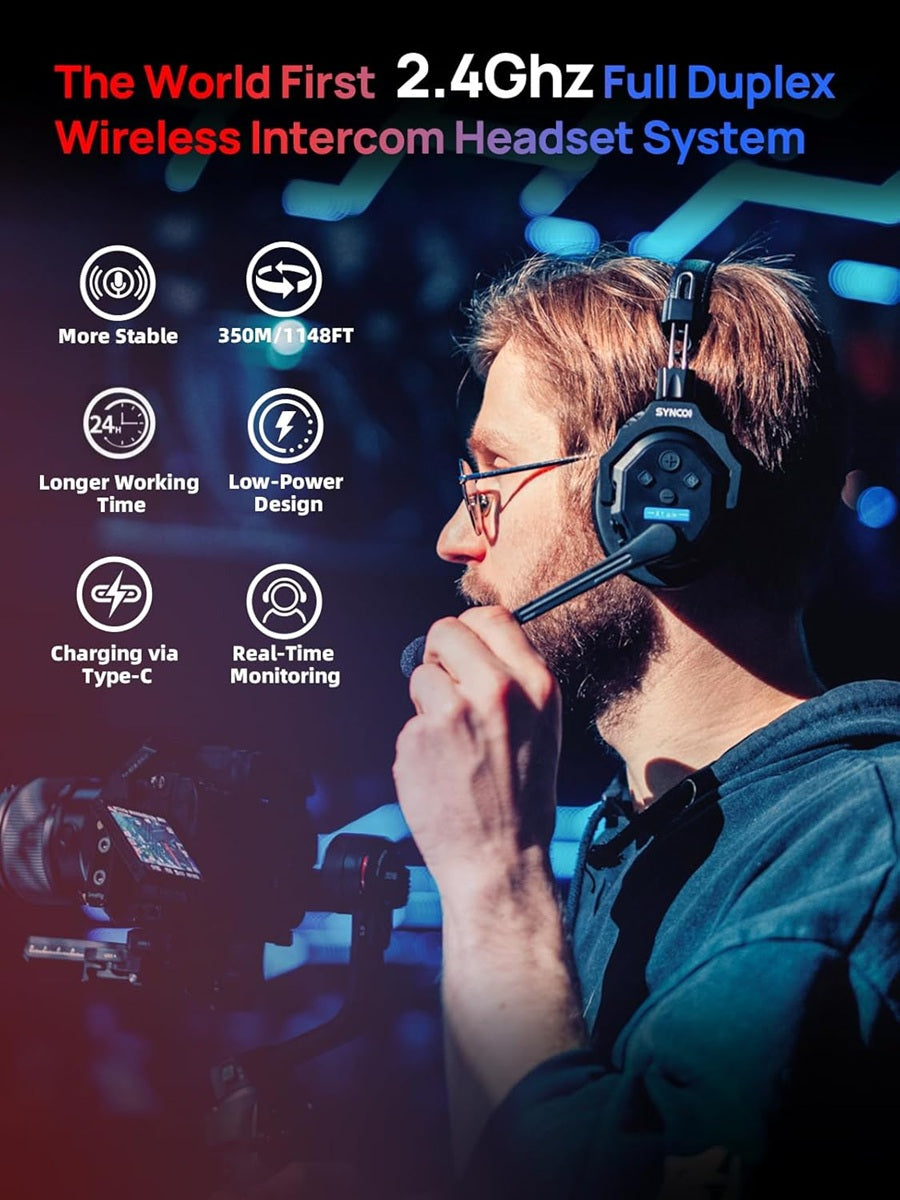 Wireless Communication Headset for Filmmaking with Full Duplex System and Type-C Charging