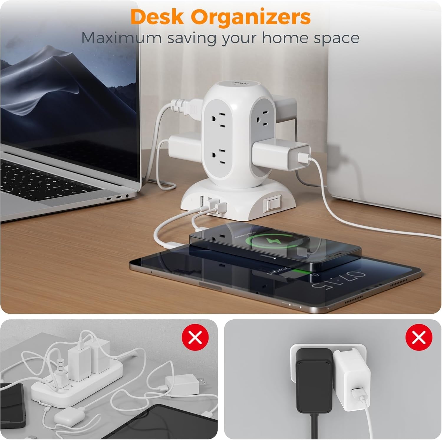 Tessan 11 outlet surge protector extension cord with multiple devices plugged in on a desk