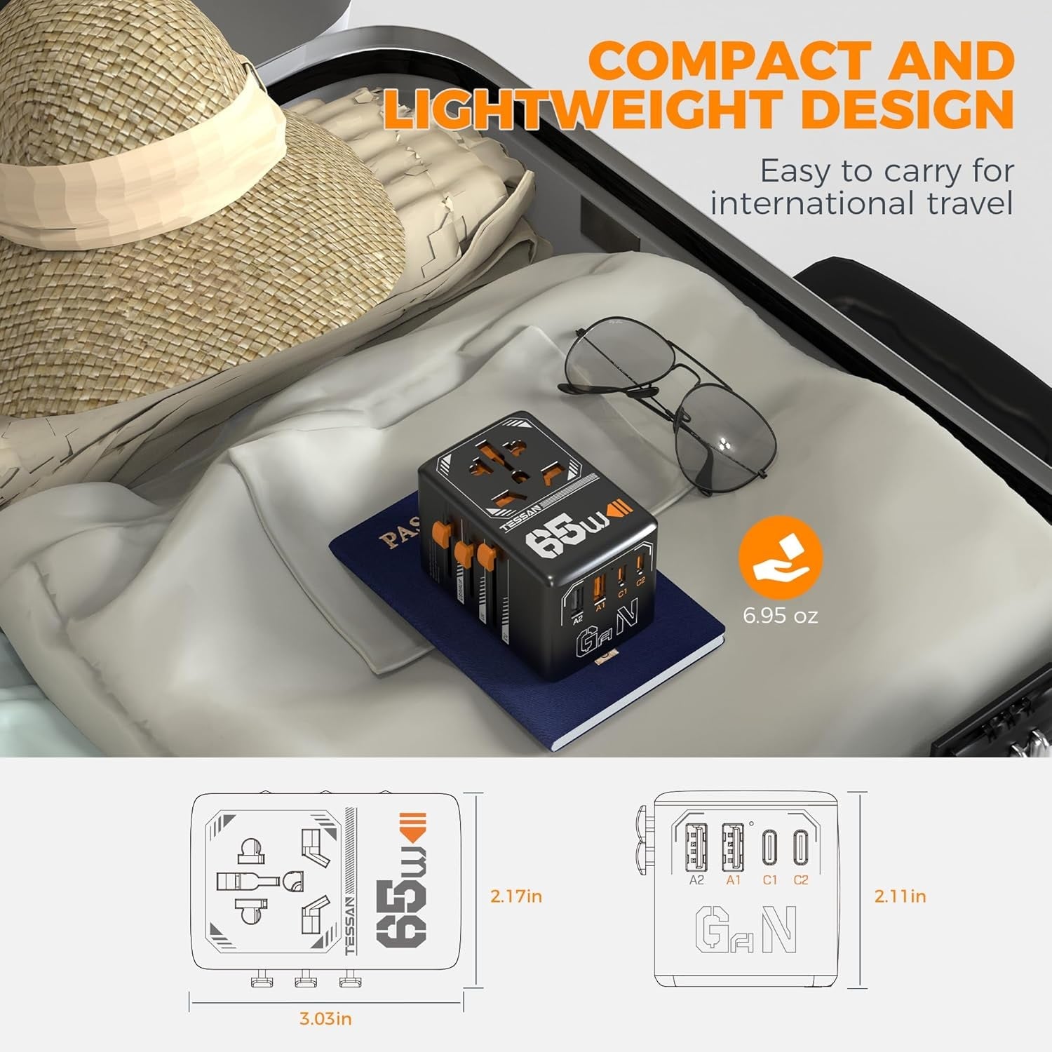 Best universal adapter for travel compact and lightweight power adapter in suitcase next to sunglasses and hat