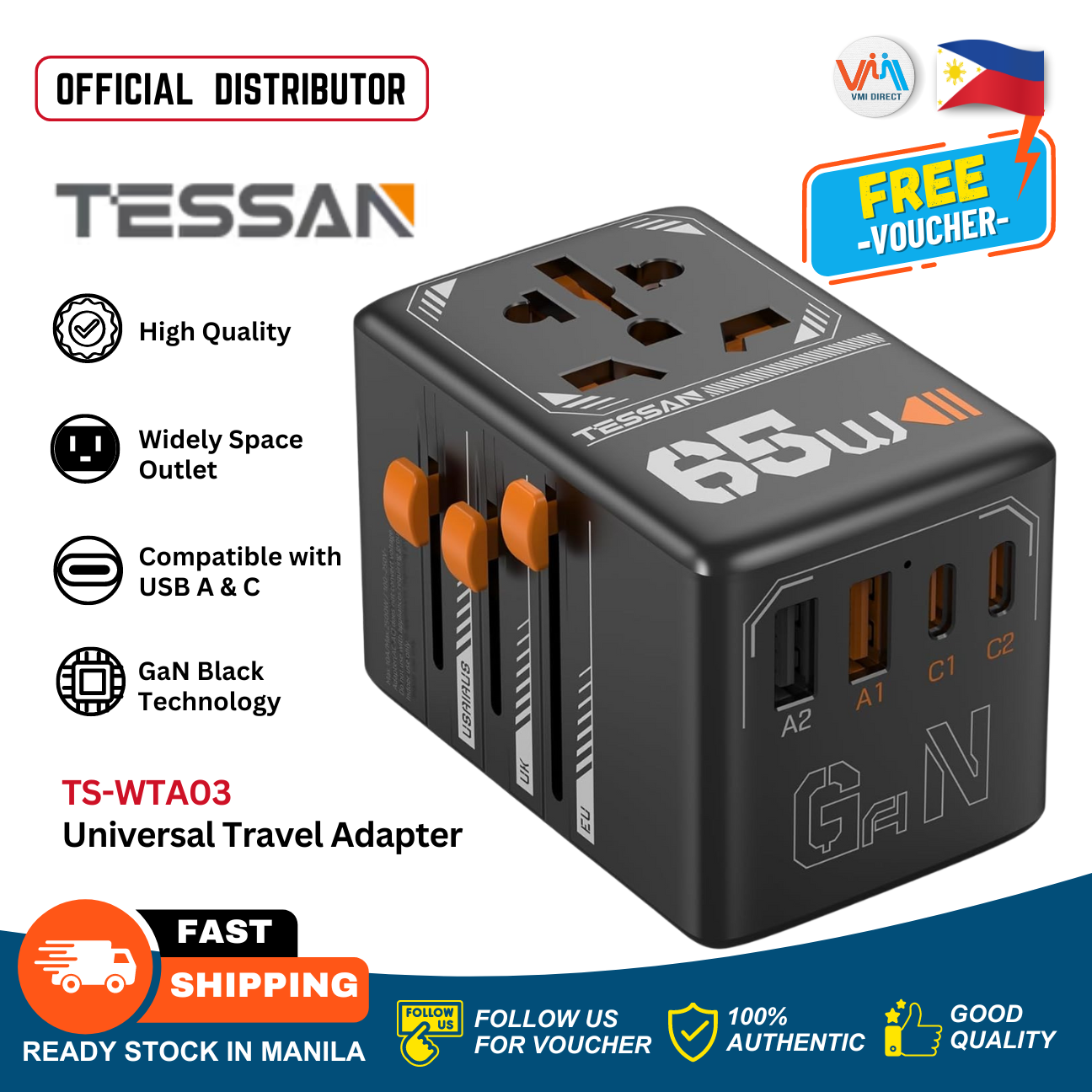 Best universal adapter for travel VMIDirect TESSAN 65W GaN black universal travel power adapter with USB A and C