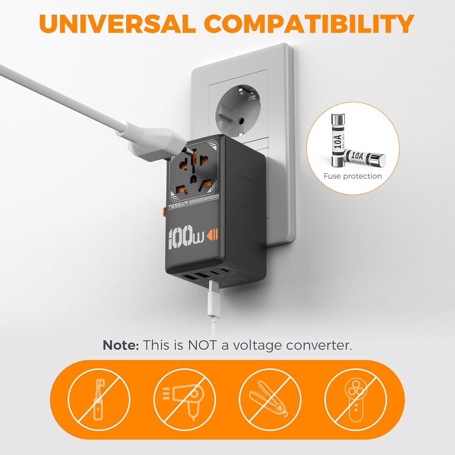 Best universal adapter for travel plugged into wall outlet showing multiple socket compatibility and fuse protection