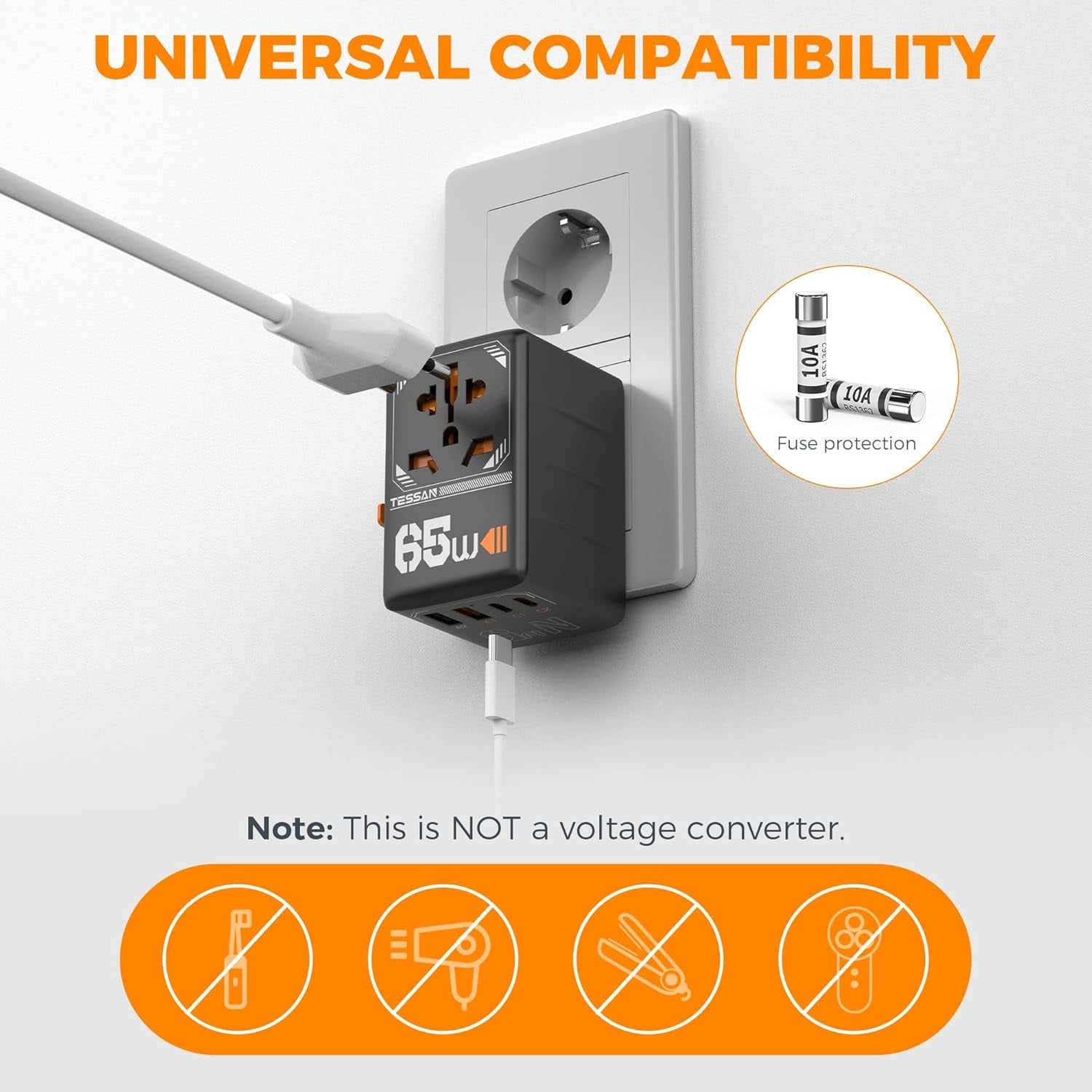 Best universal adapter for travel plugged into European wall outlet with multiple ports and fuse protection