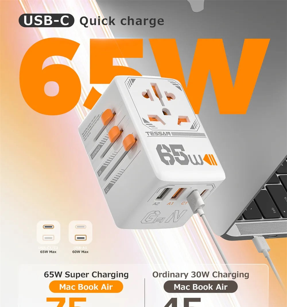 65W USB-C power adapter and charger with multiple plugs, best universal adapter for travel