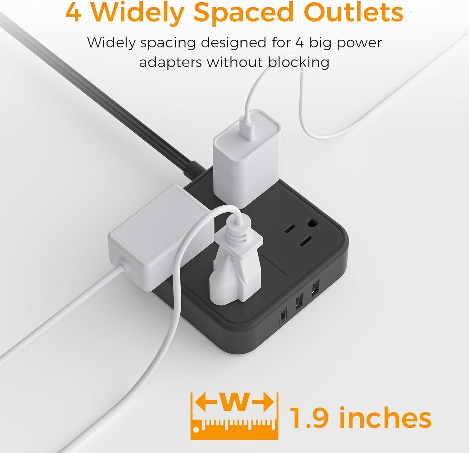 Flat plug power strip with 4 widely spaced outlets supporting large power adapters