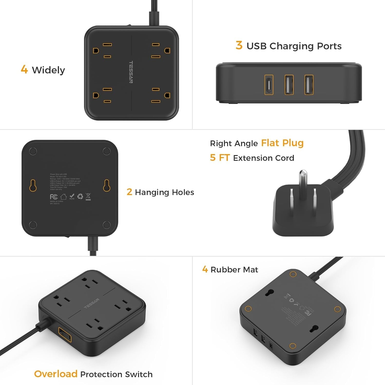 Flat plug power strip extension cord with 4 outlets, 3 USB ports, and overload protection