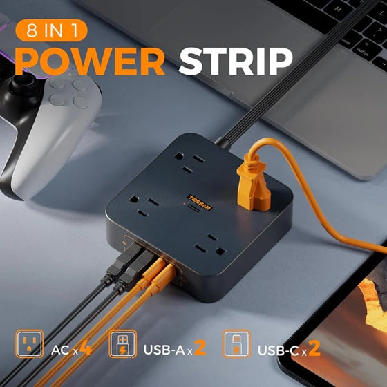 8 in 1 flat plug power strip with multiple AC outlets and USB ports in black design