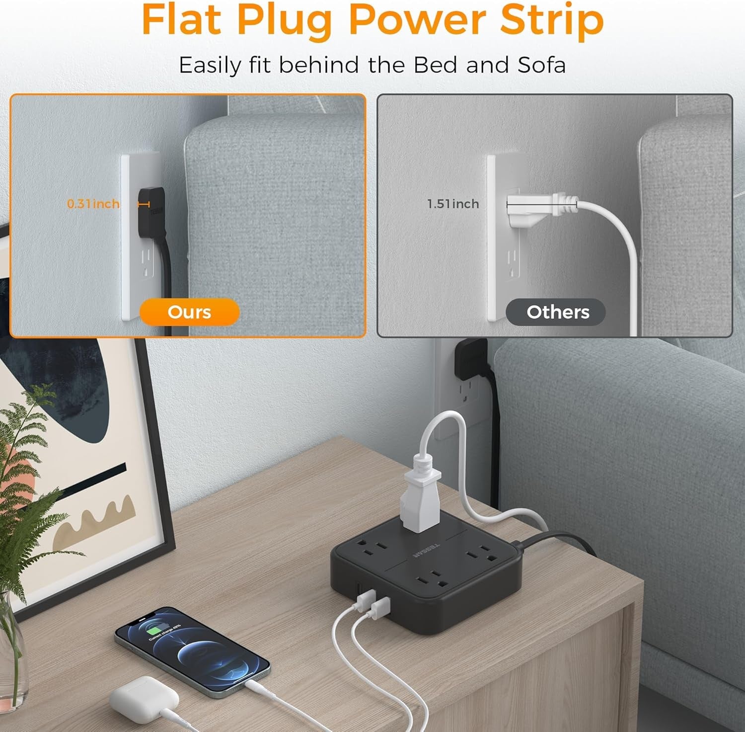 Flat plug power strip in black on wooden table charging devices behind sofa