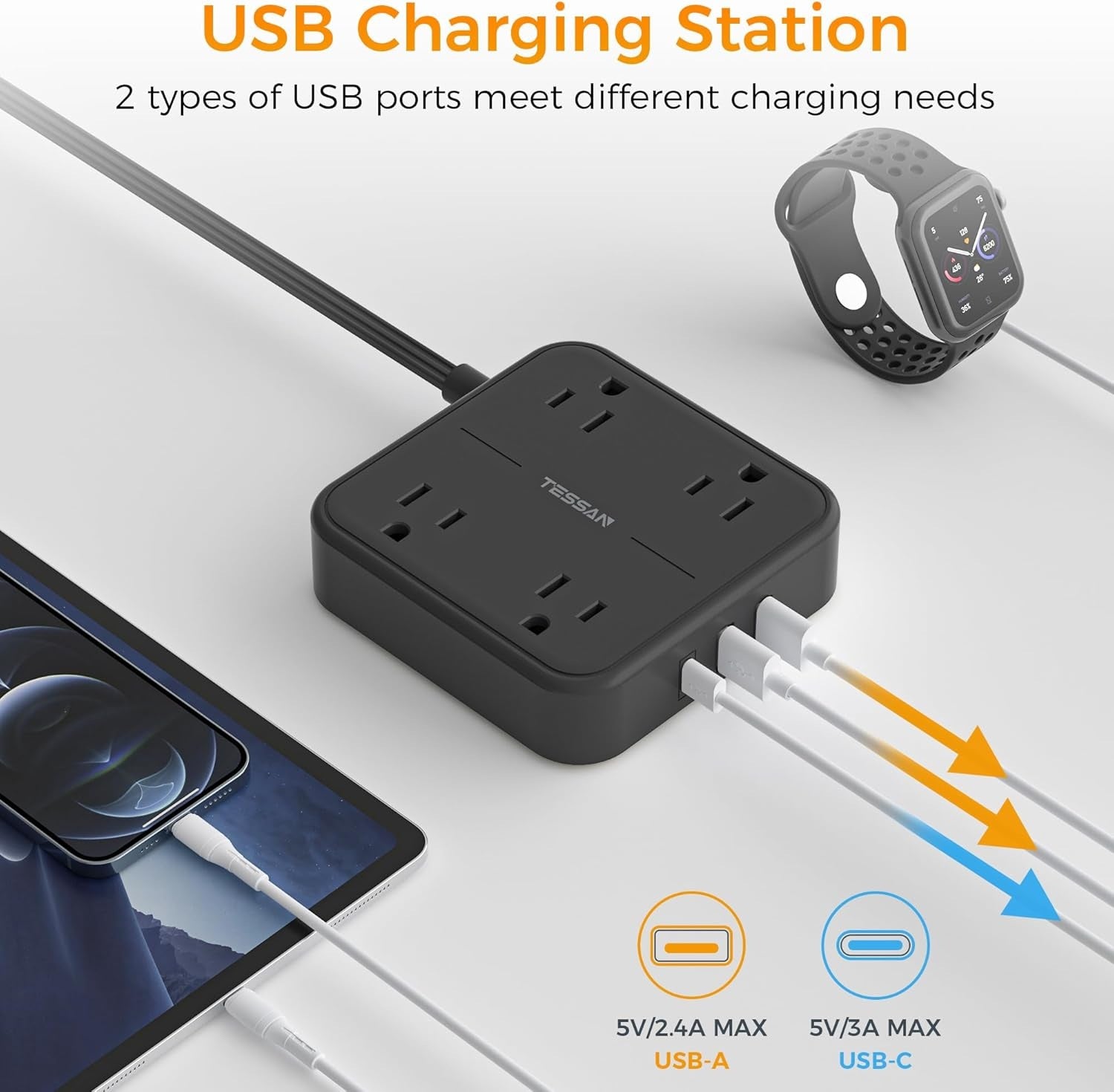 Flat plug power strip with USB-A and USB-C ports charging multiple devices including a smartwatch and smartphone
