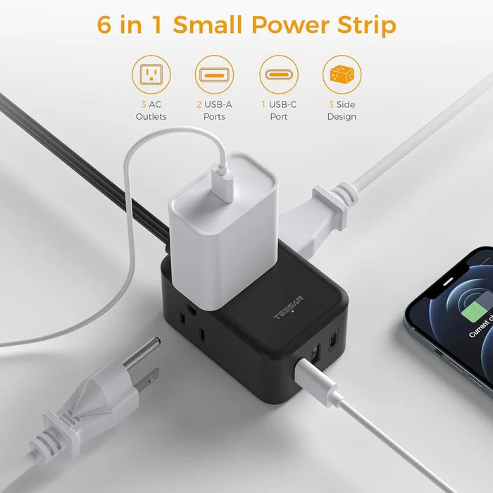 Flat plug power strip for tight spaces with 3 AC outlets 2 USB-A ports and 1 USB-C port in black