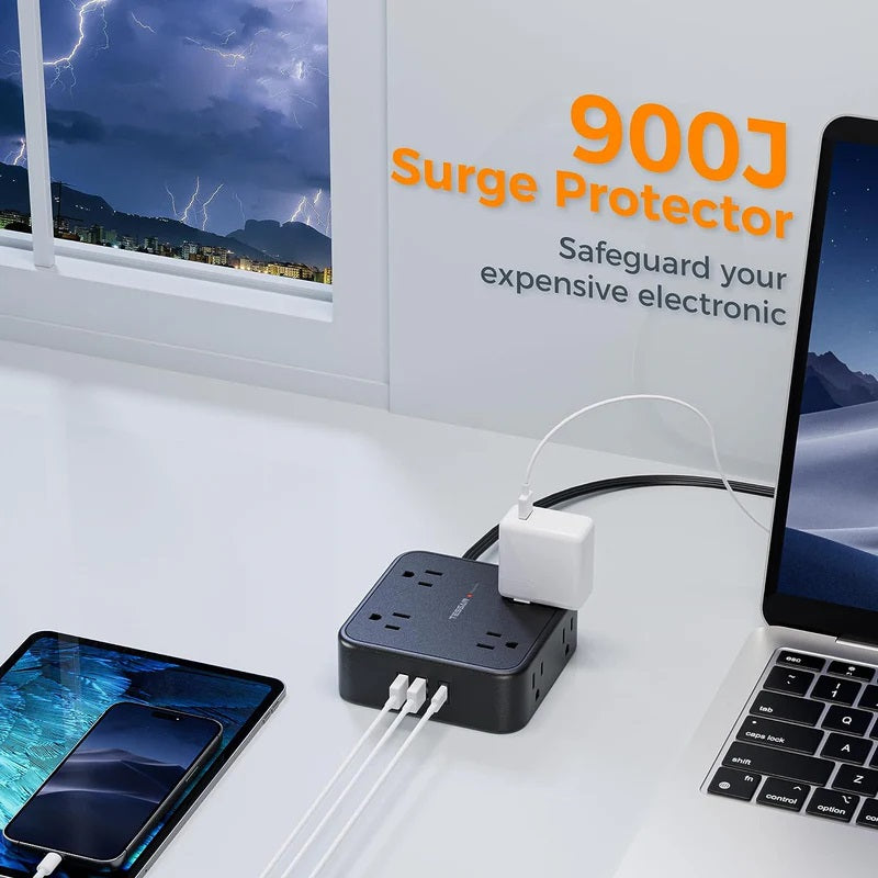 Extension cord with flat plug power strip for tight spaces and 900J surge protector for electronics