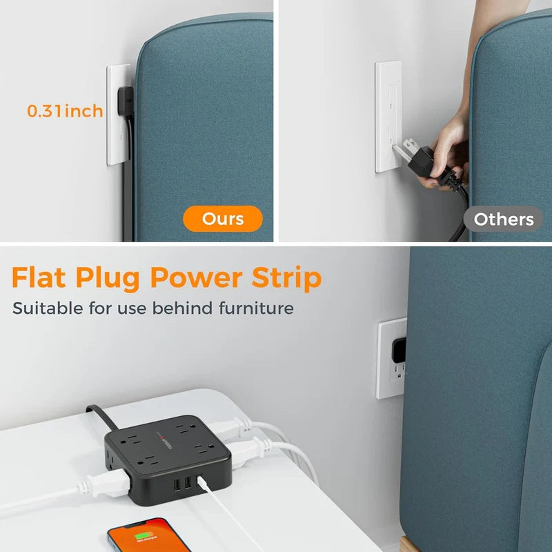 Elat plug power strip for tight spaces plugged behind furniture saving space