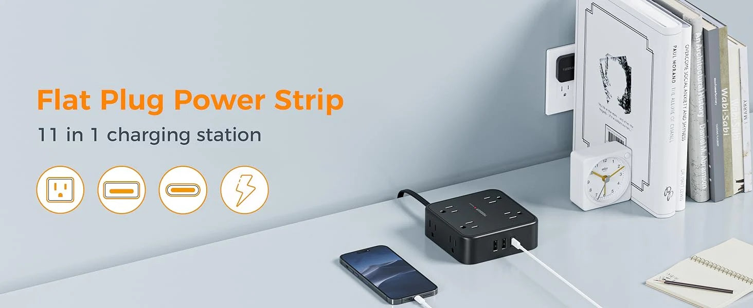 Flat plug power strip for tight spaces with 11 in 1 charging station on a desk