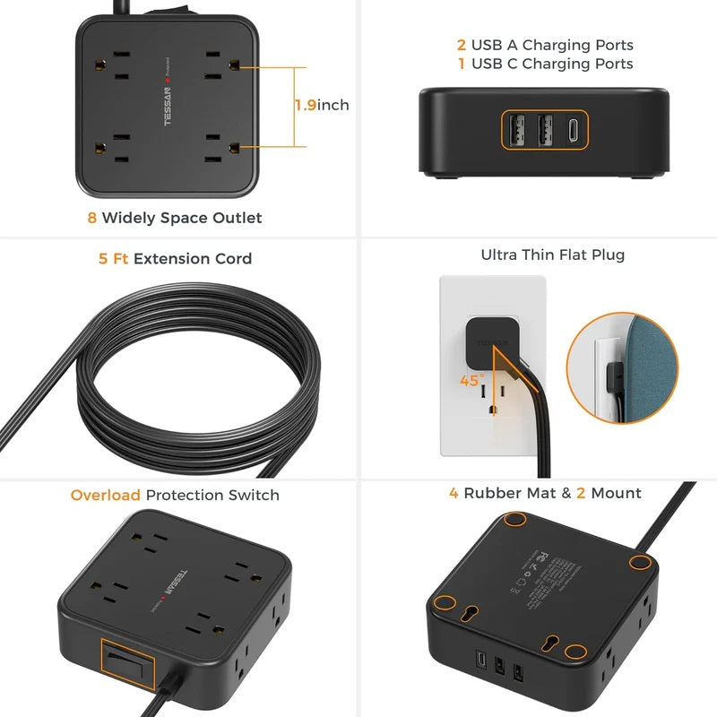 Extension cord with flat plug power strip for tight spaces featuring 8 outlets 3 USB ports 5ft cord and overload protection