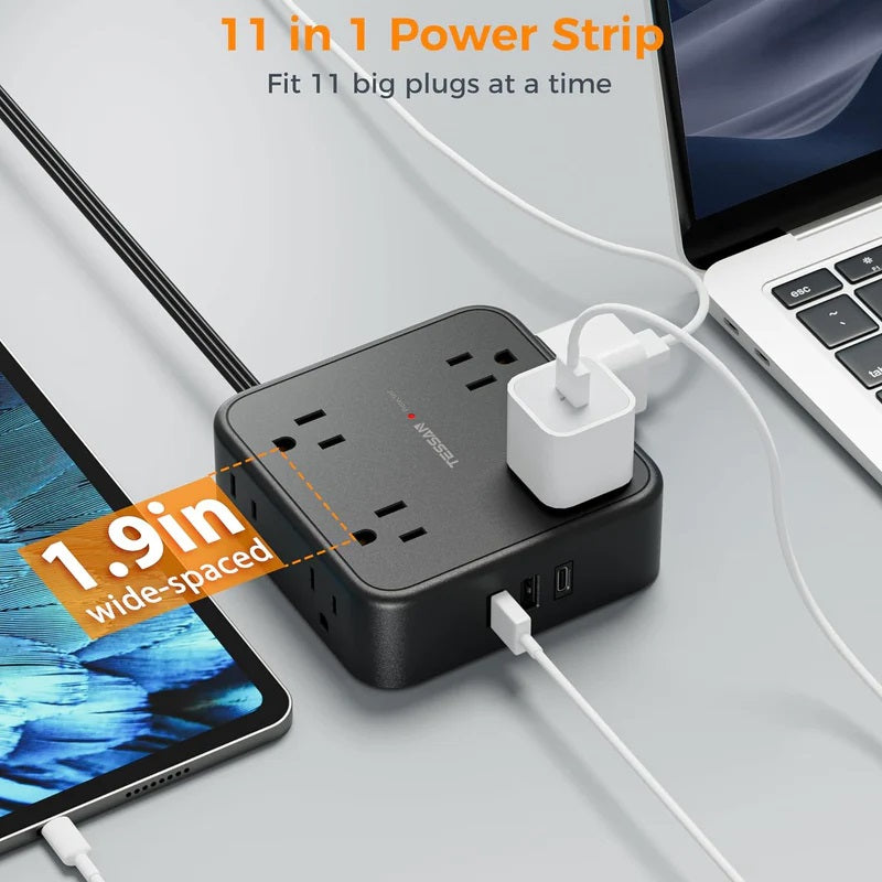11 in 1 extension cord power strip with flat plug power strip for tight spaces and wide 1.9 inch spacing