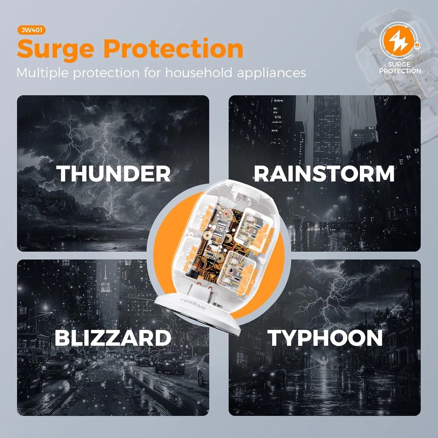 Extension cord with surge protection flat plug power strip for tight spaces protecting against thunder rainstorm blizzard typhoon