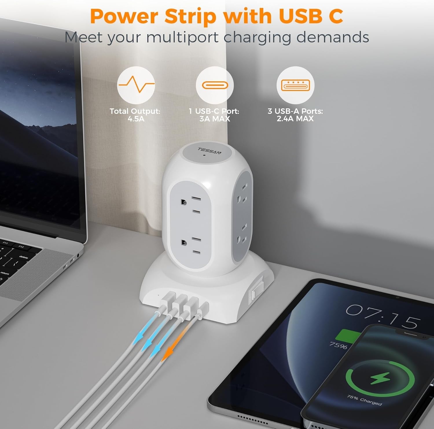 Extension cord flat plug power strip for tight spaces with USB C and multiple charging ports on desk