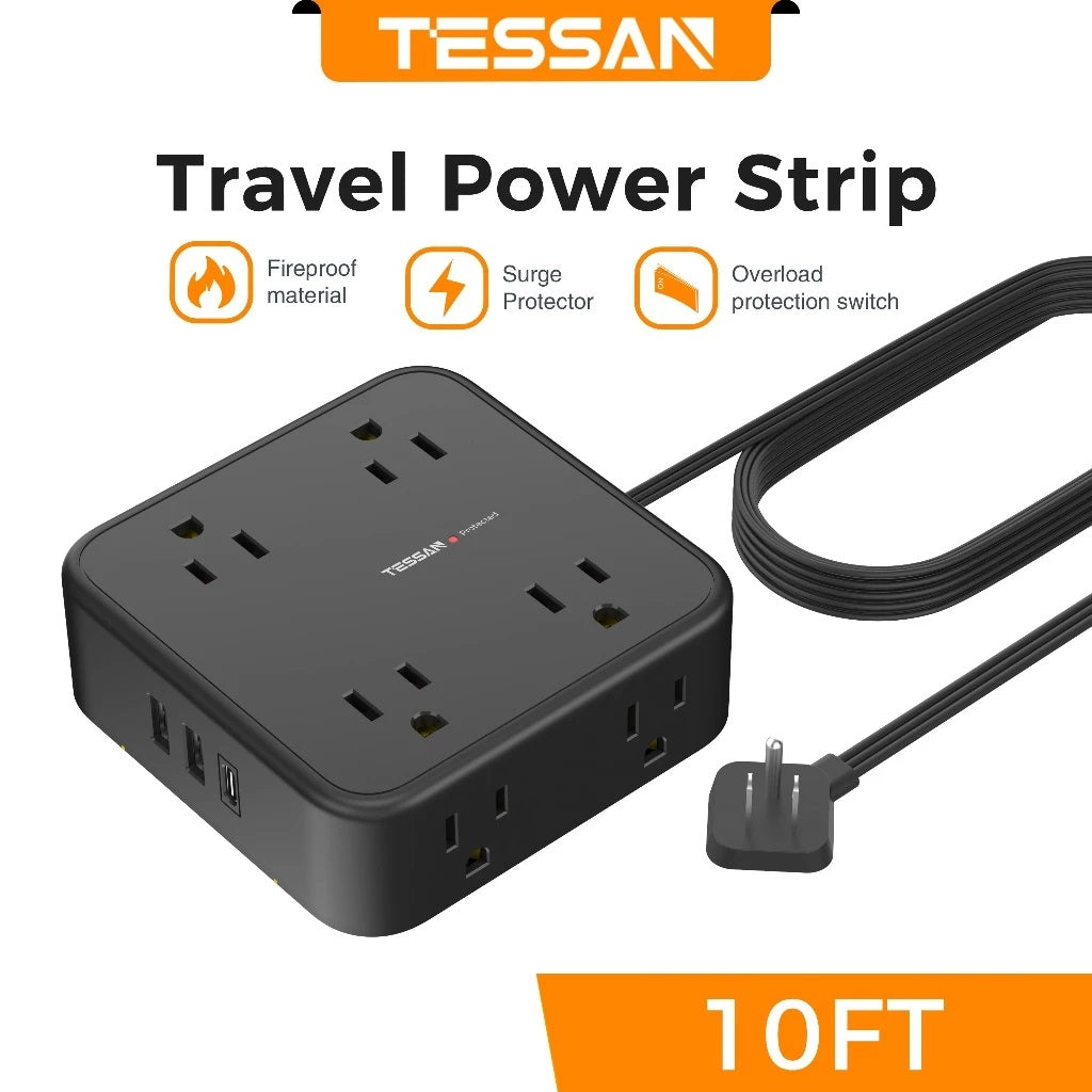 Travel power strip with flat plug power strip for tight spaces and 10 foot cord