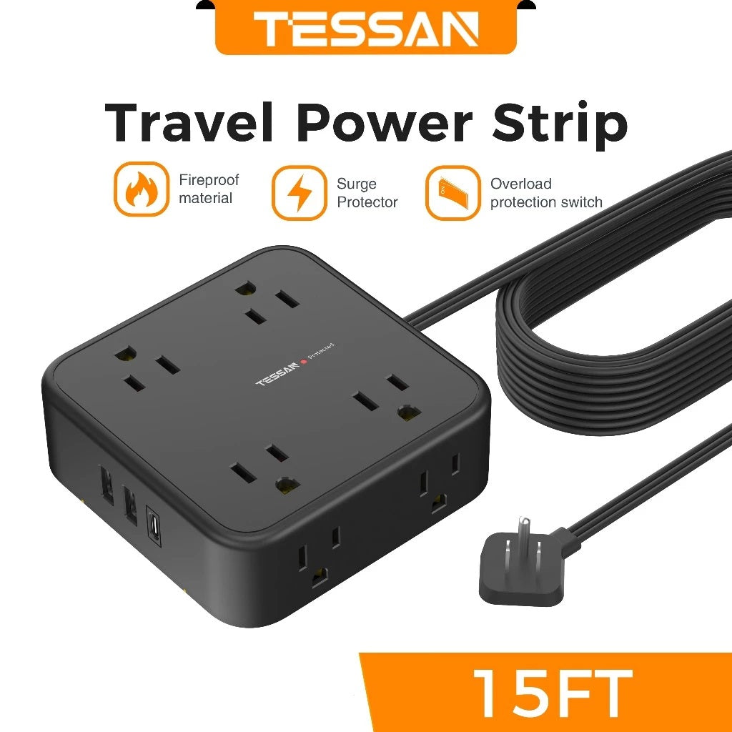 Black extension cord flat plug power strip for tight spaces 15ft with multiple outlets and USB ports