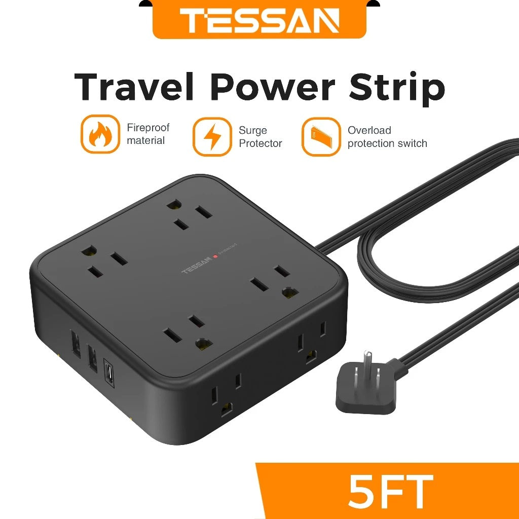 Extension cord flat plug power strip for tight spaces with 5ft cord and multiple outlets